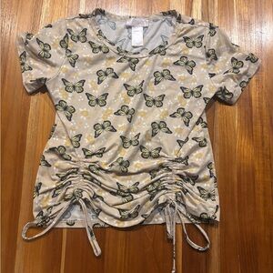 Butterfly Print Ruched Tan Top